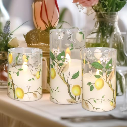 Image of Flameless LED Candles with Remote Lemon Decal Glass Flickering Battery Operated Candles for Home Room Party Wedding Holiday Christmas Valentine's Day Decor - Set of 3