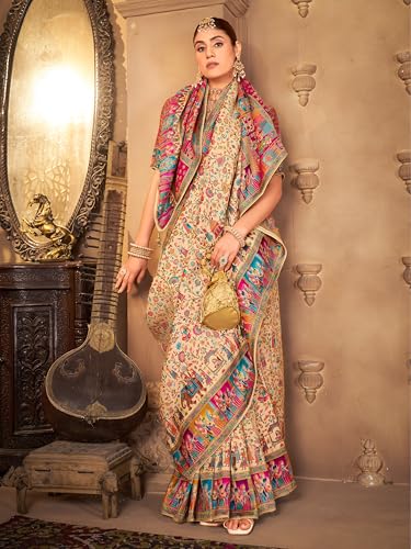 Image of Glory Sarees Women's Luxurious Dola Pure Silk Original Saree Position Print Work Madhubani Inspired Motifs Banarasi Kanjivaram Style Saree With Blouse Piece (Elegant101 Parent)