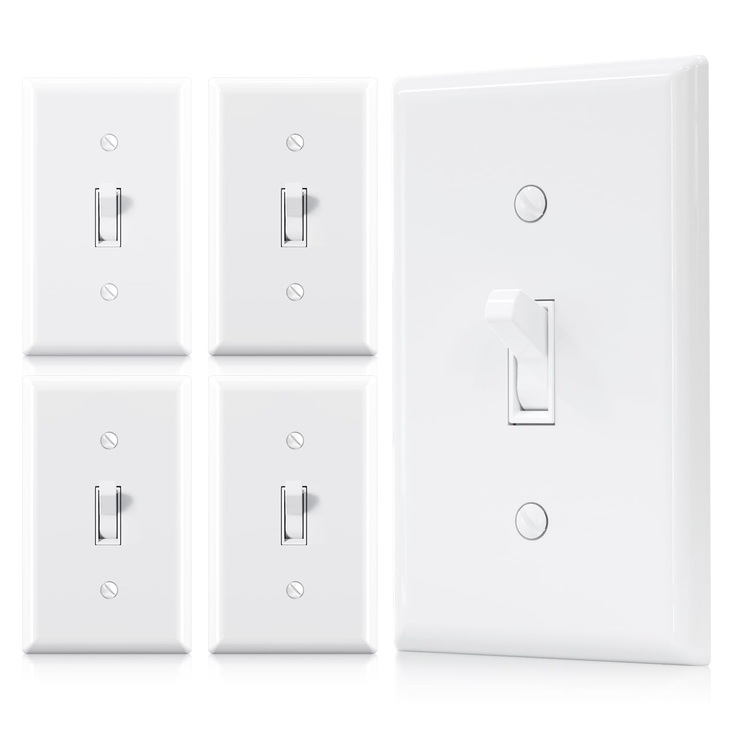 ELEGRP Single Pole Toggle Light Switch with Plate, 15 Amp, 120 Volt, Quiet Switch, in Wall On/Off, Self-Grounding, Residential and Commercial Grade, UL (5 Pack, Glossy White)