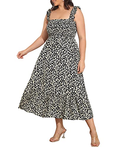 Image of Plus Size Summer Dress - Sun Boho Beach Casual Floral Spaghetti Strap Sleeveless Long Maxi Dresses