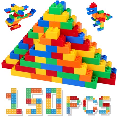 HIUME Large Building Block Set 150 Building Blocks Compatible with Duplo Building Bricks and Top Brands Suitable for Children Aged 3 4 5 6 Years A Great Building Block Gift for Boys and Girls.