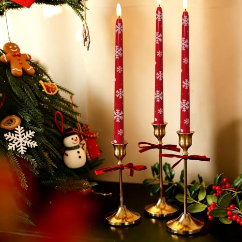 Image of Red Snowflakes Christmas Flameless Taper Candles with Remote Set of 4