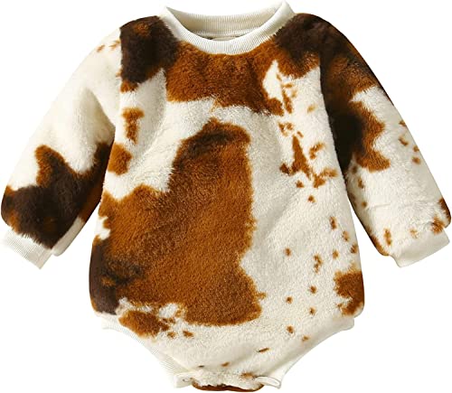 Image of Warm Winter Baby Clothes Infant Boy Girl Fuzzy Bubble Romper Long Sleeve Sweater Onesie Cow Print Outfit