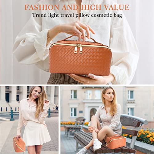 Zauknya Large Capacity Travel Cosmetic Bag - Makeup Bag, Portable Leather Waterproof Women Organizer, With Handle And Divider Flat Lay Bags (Brown) #TOP2