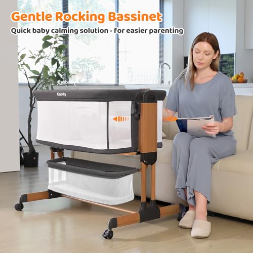 Image of Ezebaby 3-in-1 Baby Bassinet, Rocking Baby Bassinets Bedside Sleeper, Adjustable Portable Crib for Newborn Infant with Wheels Storage Basket and Mesh Sides
