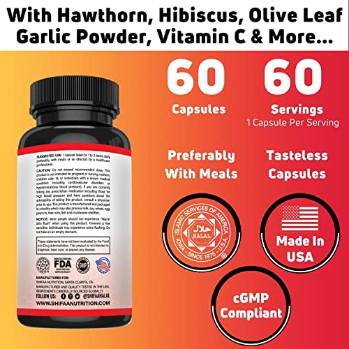 Shifaa Nutrition Premium Blood Pressure Support Supplement Balanced Cholesterol Levels, Circulatory & Heart Health Support | With Hawthorne, Uva Ursi & Garlic | Non-Gmo | Halal | 60 Servings #TOP2