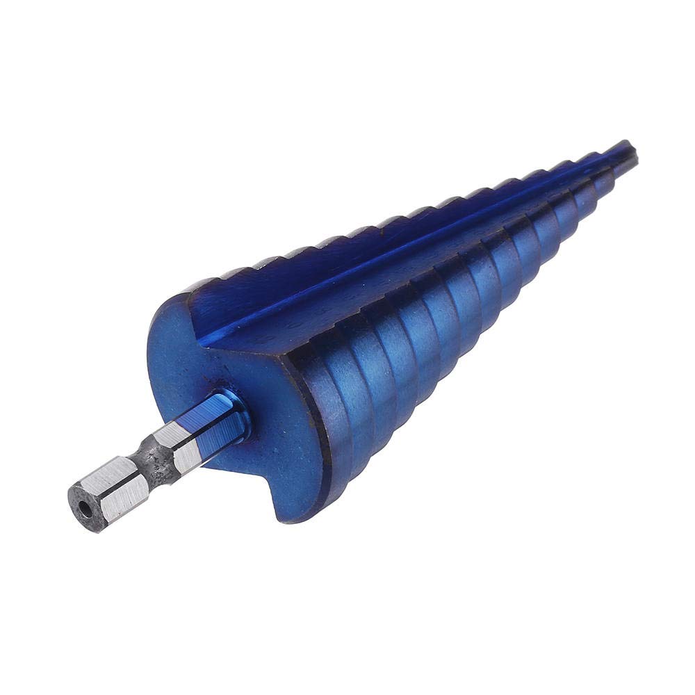 Broca escalonada ranurada en espiral, Juego de brocas escalonadas con revestimiento azul, vástago hexagonal de 3 uds., 1/4 pulgadas, 4 12/4 20/4 32mm