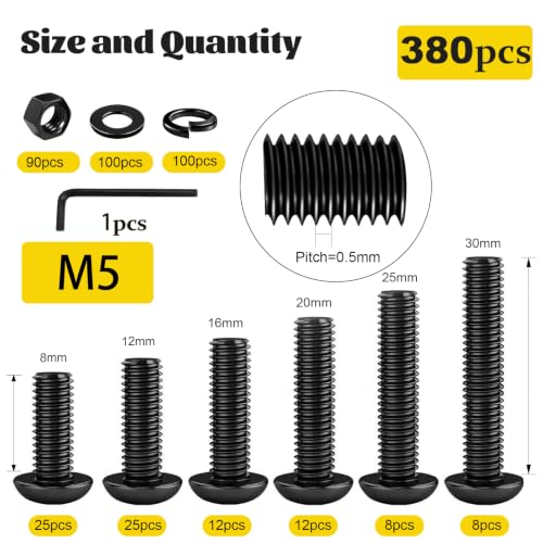Image of 380PCS M5 Hex Button Head Screws Assorted Kit, M5x8 /12 /16 /20 /25 /30 mm | Metric M5-0.8 Screws, Nuts and Washers Assortment Kit,10.9 Grade Alloy Steel Black Zinc Plated 5mm Bolt Set for 3D Printer