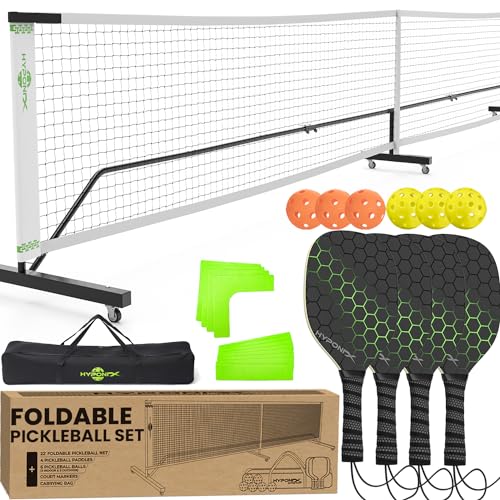 Foldable Pickleball Set with Portable Net - Wheels, Paddles, Balls & Markers - Easy Storage - Outdoor Pickle Ball System for Driveway