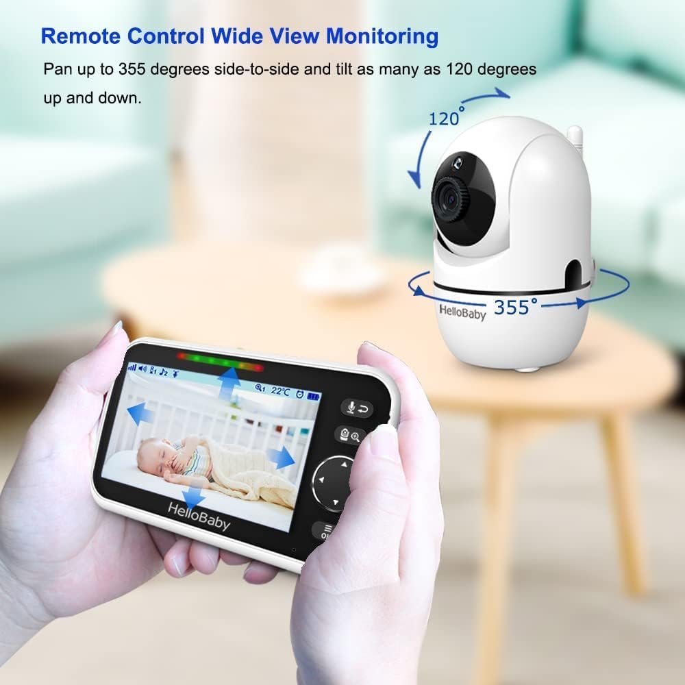 HelloBaby Babyphones Caméra 2 Caméra Bébé Moniteur, 5'' 26 Heures Écran Divisé Partagé Baby Phone Vidéo Bébé Surveillance, sans WiFi, Angles de Vue à 355 degrés, Vision Nocturne, Berceuses, ECO, 305m