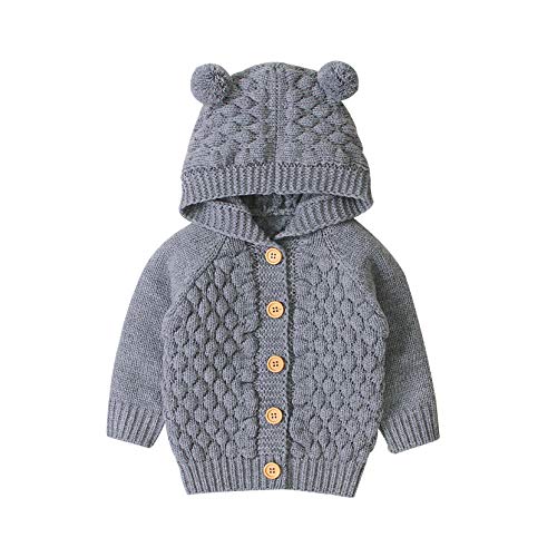 Baby Bear Hoodies Newborn Baby Hooded Knitted Jumpsuit Unisex Hooded Baby Cardigan Sweater(Gray, 0-6 Months)