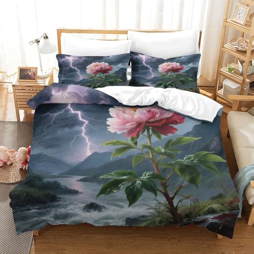 Linge de lit pivoine impression 3D en microfibre douce et fermeture éclair cachée - 2