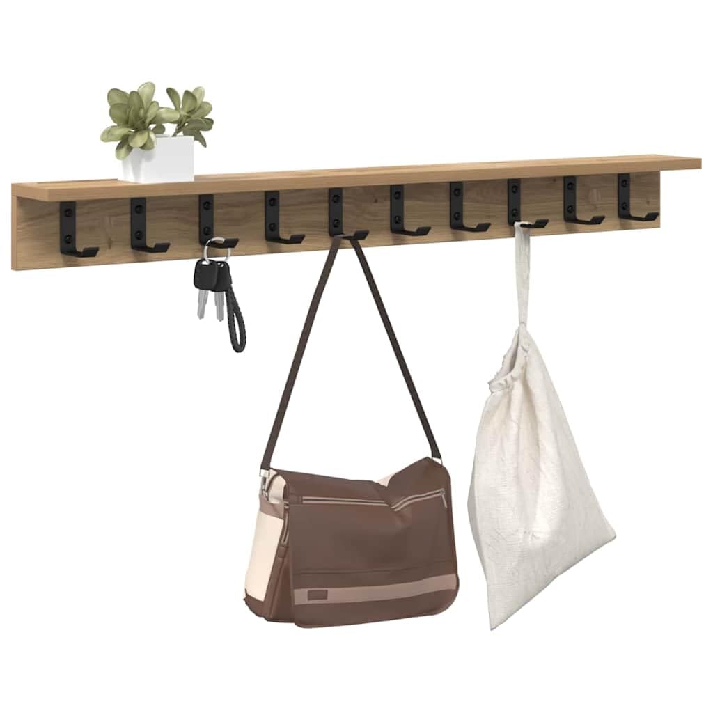 Wandgarderobe Artisan-Eiche 100 x 10,5 x 10,5 cm, Wand-Kleiderständer mit Haken und Ablage aus Holzwerkstoff, Moderne Garderobenleiste für Flur und Diele, Platzsparende Wandmontage