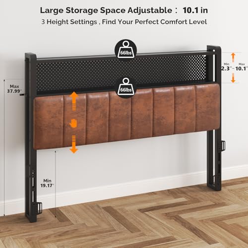 Image of VINGLI Full Size Headboard for Bed with 2 Tier Storage Shelves, Faux PU Leather Upholstered Head Board with Charging Stations,LED Light and Pegboard,Height Adjustable,Industrial Brown