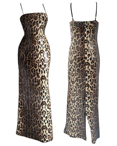 Image of BOLLEY JOSS Women's Leopard Print Sequin Maxi Dress Glitter Sexy Bodycon Sleeveless Long Dress