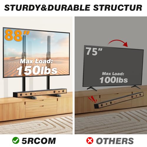 Image of 5Rcom Table Top TV Stand, Universal TV Stand for 35-88 Inch with Height Adjustment, TV Mount Stand Up to 150lbs for Curved Flat TVs with Cable Management, Black
