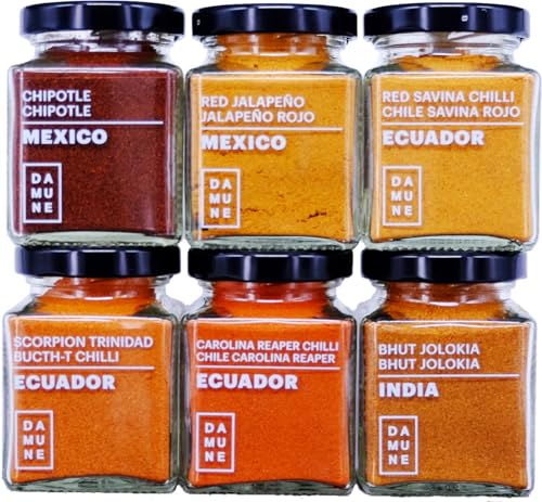 DAMUNE Chiles del Mundo (45g/Tarro): Carolina Reaper Molido, Bhut Jolokia Molido, Scorpion Trinidad Butch T Molido, Savina Rojo Molido, Chipotle Molido & Jalapeño Rojo Molido
