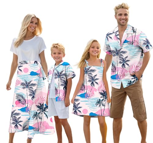 Image of Cromoncent Matching Hawaiian Outfits for Family, Dad and Son Matching Luau Beach Tropical Shirts Mommy Daughter Tropical Sets