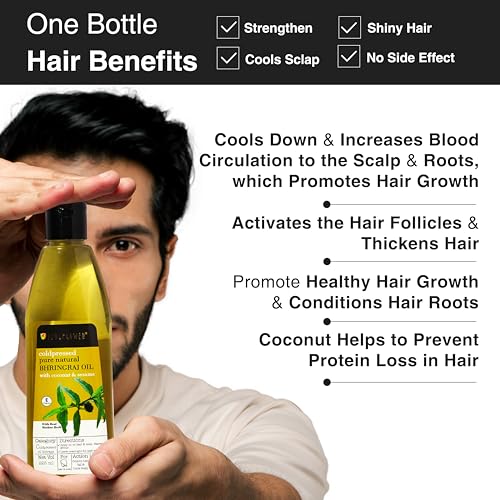 Image of Soulflower Cold-Pressed Bhringraj Oil | Natural Hair Growth, Strengthening & Nourishing Roots | Anti-Dandruff, Cooling Scalp Relief | Coconut & Sesame Oil Blend | Pure & Organic 225ml x 2