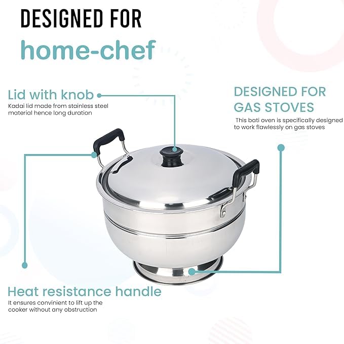 Image of Stainless Steel Bati Cooker & Gas Tandoor | with Multipurpose SS Tong | Multi-Purpose Gas Oven, Dual Riveted Handles | Roasting, Baking, Barbeque Grill | Bati, Pizza, Litti, Paneer Grill Maker