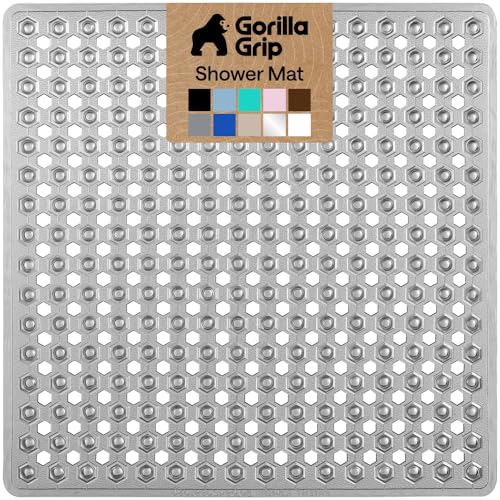 Image of GORILLA GRIP Patented Square Shower Stall Mat, Small Bathtub Floor Mats for Stand Up Showers with Suction Cups and Drainage Holes, Machine Washable, Soft on Feet, Bathroom Accessories 21x21 Inch, Gray