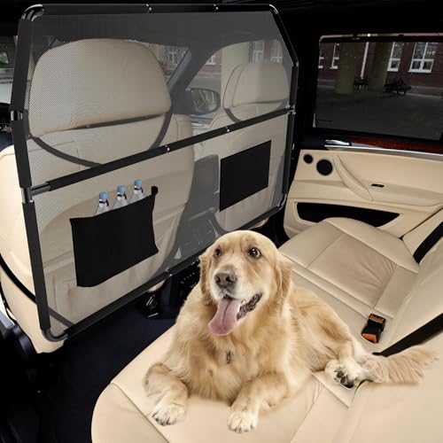 Hundegitter Auto, 127cm Breit Kofferraum Trenngitter für Rücksitz & Laderaum, Hundenetz Auto, Universal Kofferraum Trenngitter für Hunde, Metallrahmen, mit Durchsichtigem Maschennetz für LKW, SUV