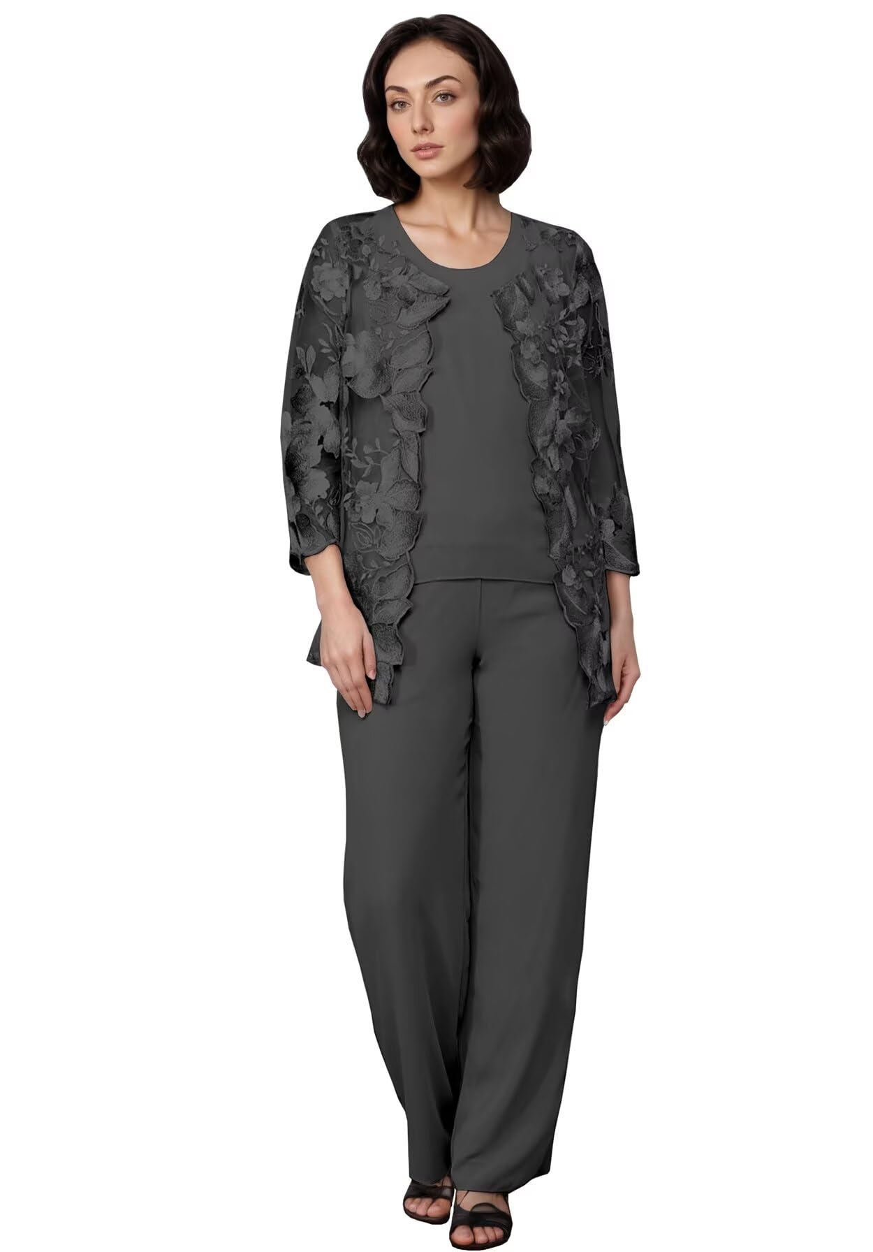 3 Piece Chiffon Mother of The Bride Pants Suits for Wedding Laces Appliques Formal Evening Outfit