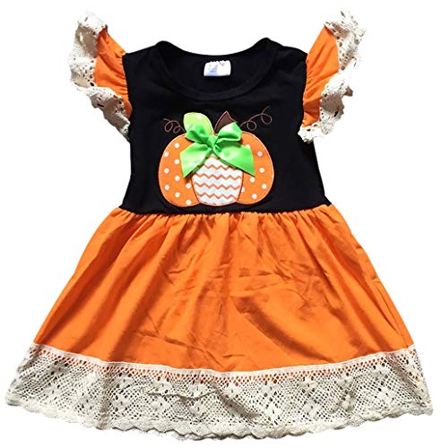 Vestido de festa de Halloween com manga de renda e abóbora de bolinhas para meninas pequenas, Black