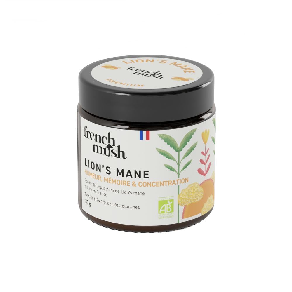 French Mush Lion's Mane Bio in Polvere - 30 g | Umore, Criniera di Leone, Hericium erinaceus, Si Mescola alle Bevande, Testato in Laboratorio, Prodotto in Francia