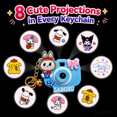 Image of GRAPHENE Cartoon Projection Real Camera Keychain Cute Bell Charm Multicolor Mini Key Ring Bag Tag Car Home Light Projector Toy for Kids 5-10 Years Girls Boys Kitty Birthday Return Gifts (Pack of 2)