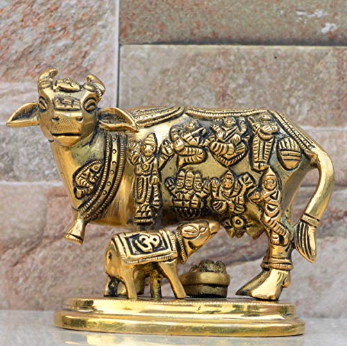 Aakrati Cow with Calf Idol Showpiece for Home Decor,Housewarming and Return Gift - Krishna Darling Cow Calf Idol/Kamdhenu Cow Idol/Brass Gau MATA Idol