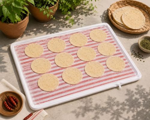 Image of Kuvru Cotton Drying Cloth with Net, Red Stripe, 73 x 91 cm, Breathable, Washable, Reusable, for Papad, Vadagam, Spices, Millets,Sun dry Wadiyan or Badiyan and Sun Dry Mango for Pickle (Redstripe P1)