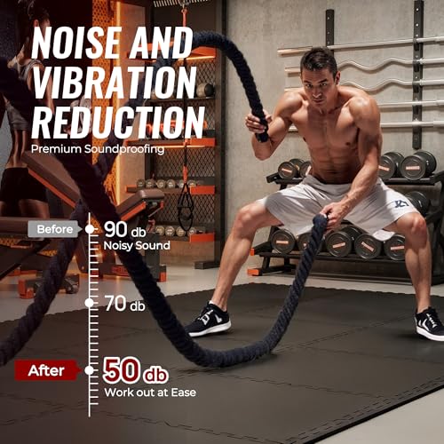 Image of SUPERJARE 0.79'' Extra-Thick Exercise Equipment Mats, 12 Pcs 48 Sq Ft Rubber Top Floor Tiles with High Density EVA Foam, Interlocking Gym Flooring for Home Gym, Workout Mat, Black