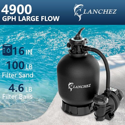 LANCHEZ Sand Filter Pump for Above Ground Pool, High Flow Pool Pump, 16' 1.5HP 4900GPH with Timer