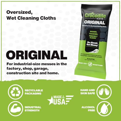 Image of Crocodile Cloth Industrial Hand & Tool Cleaning Wipes - Heavy-Duty 10 inch x 15 inch Size Multi-Surface Cleaning Wipes, 10 Count Per Package. Water Based Solution with Extreme Cleaning Power. Safe on Skin.