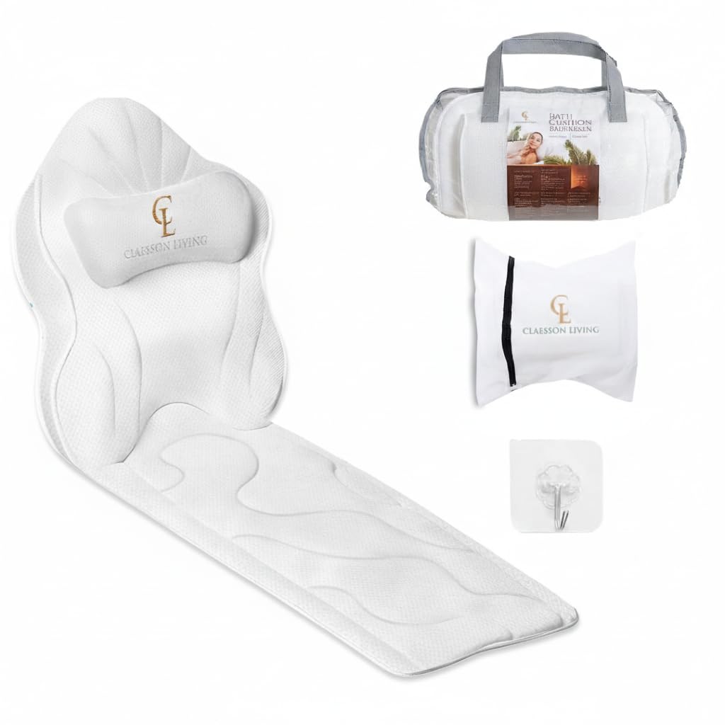 Cojin bañera (126x41cm) - Almohada bañera con apoyacabezas (13cm) y Soportes para el Cuello, Espalda y piernas – Incluye: Bath Pillow, Bolsas de Lavado y de Viaje, Gancho para Secado rápido Blanco