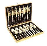 Lightahead 24pcs Stainless Steel Flatware Tableware Premier Quality Gold Colored Cutlery Set in attractive GoldenGift box (Golden)