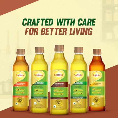 Image of Saffola Cold Pressed Groundnut Oil | 100% Cold Pressed Groundnut Oil | Helps Lower Cholesterol, Goodness of Omega 6 & Authentic Seed Flavour | 1L Pet Bottle (Pack of 5)