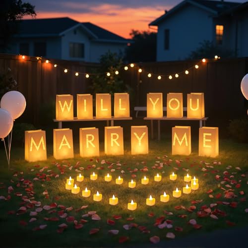 Image of Will You Marry Me Light Up Letters Luminary Bags, Marry Me Sign Banner, Romantic Proposal Decoration Kit with 30PC Bright LED Candles and 2000PC Fake Rose Petals