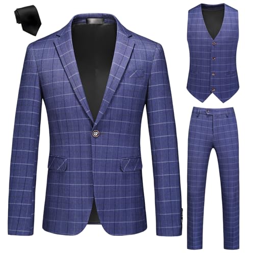 UNINUKOO Men's Suit Plaid 3 Piece Slim Fit Tuxedo Checked Business Formal Black Blue Suits for Men US Size 40 Navy Blue2