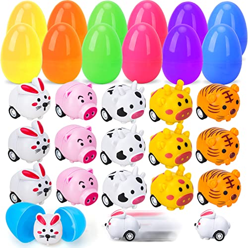 TOY Life Easter Egg Fillers with Bunny Pull Back Car, Plastic Easter Eggs with Toys Inside, 15 Easter Bunny Animal Toy Car, Easter Eggs for Egg Hunts, Easter Basket Stuffers Gift Kid Toddler Boy