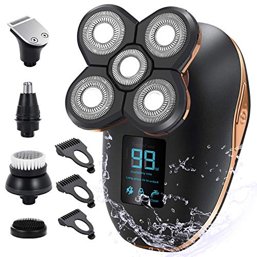 Electric Shaver for Men Grooming Kit, Cosyonall 5 in 1 Electric Razor Cordless Waterproof Wet Dry Rotary Bald Head Shaver Nose Trimmer Facial Cleansing Brush, USB Rechargeable with LED Display