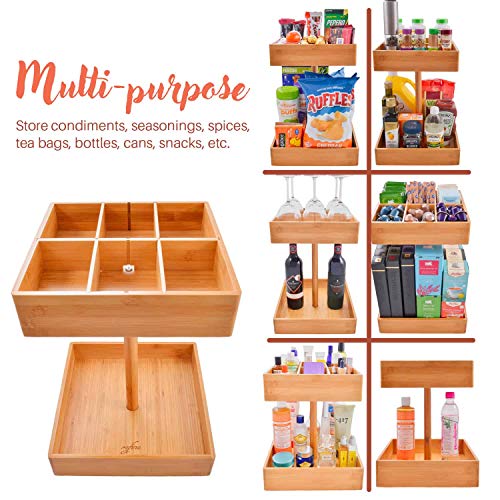 Refine Bamboo Kitchen and Snack Organizer. 360 rotating, 2 tier high capacity wooden storage rack. Great for condiments, seasonings, spices, tea bags, bottles, cans, snacks - Thumbnail 2