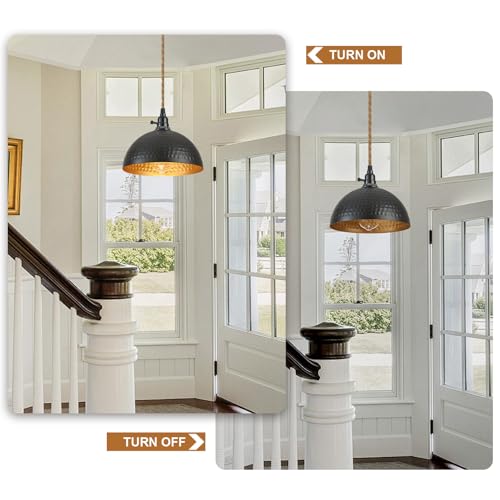 Image of Plug in Pendant Lights Hammered Dome Hanging Lamp with Dimmable Switch 15 Ft Long Hemp Rope Farmhouse Pndant Light Cord Lighting Fixture DIY Hanging Light