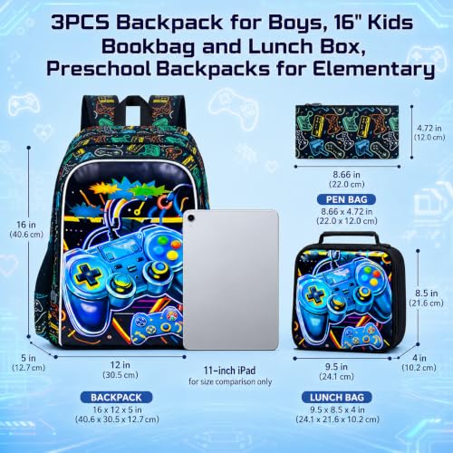 Image of CCJPX 3Pcs Gamer Backpack for Boys, 16 inch Kids Bookbag with Lunch Box, Cool Water Resistant Schoolbag for Preschool Kindergarten Toddler(Black)