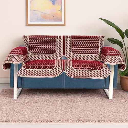 Image of Premium Chenille Woven Anti-Slip 2 Seater Sofa Cover with Arm Rest | L-Shape Sofa Seat Protector for Living Room | Durable & Stylish Slipcover - Maroon - 3D