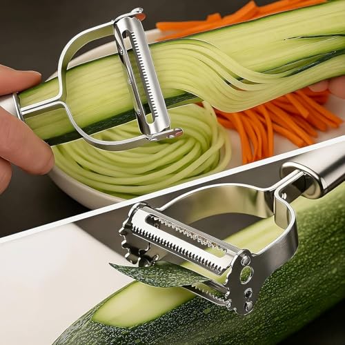 Image of RENRANRING 2-in-1 Stainless Steel Peeler for Kitchen | Vegetable & Fruit Peeler, Julienne Peeler and Sharp | Multifunctional, Rust-Free, Handles with Screw Thread (2 in 1 Silver)