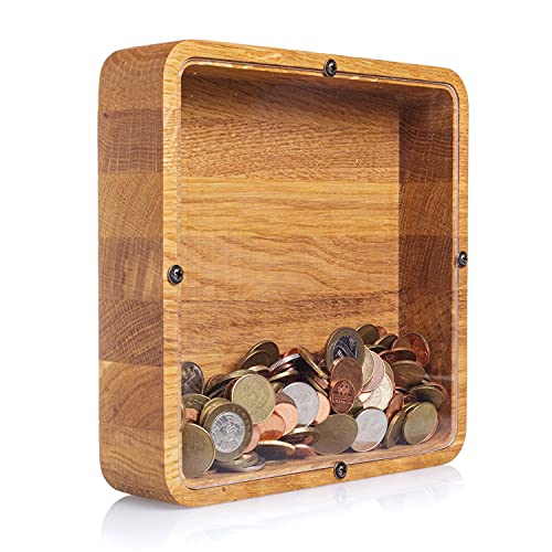 Adult piggy bank square - Wedding money box - Coin saving case for girls and boys - Unique wooden tip jar - Perfect eco friendly kid gift - Strong and natural oak wood 2 SIZES (Personalized)