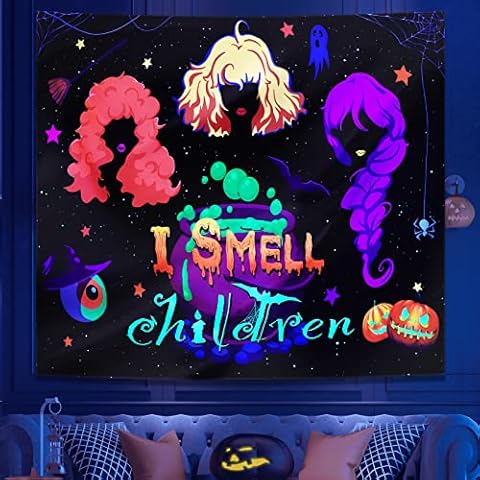 SUEH DESIGN Halloween Tapestry, Hocus Pocus Blacklight Tapestry I Smell Children UV Reactive Hocus Pocus Tapestry for Halloween Home Decor, 51.2" x 59.1" Cover