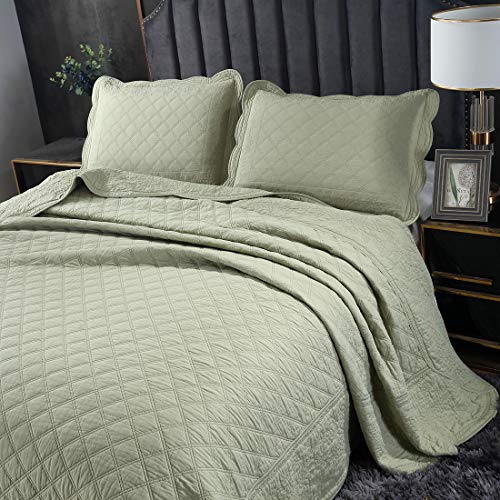 Vctops 100% Cotton Floral Embroidered Quilt Set 3-Piece Oversize Queen Size Reversible Diamond Pattern Quilted Bedspread Coverlet Bed Cover (Oversize Queen,Green) #TOP10